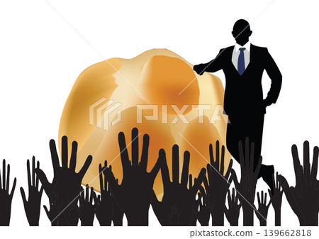 Businessman presenting large round loaf of bread to crowd with raised hands Businessman presenting large round loaf of bread to crowd with raised hands 139662818