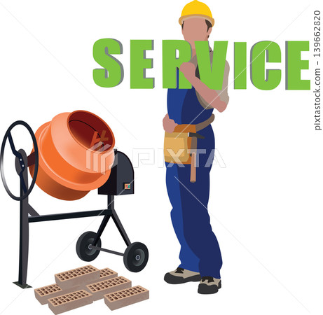 Construction worker holding service sign with cement mixer and bricks 139662820