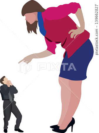 Businesswoman scolding a small businessman, gender inequality concept Businesswoman scolding a small businessman, gender inequality concept 139662827