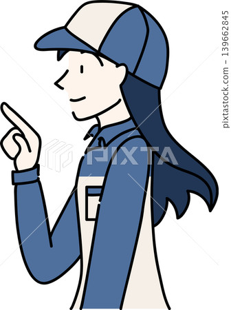 A side view illustration of a working woman wearing a hat and work clothes. 139662845