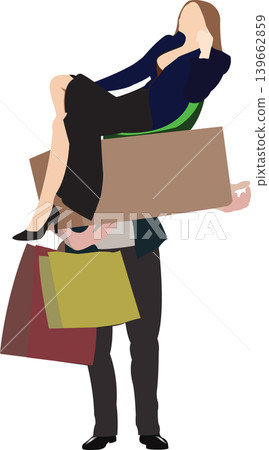 Businessman carrying shopping bags and businesswoman sitting on boxes Businessman carrying shopping bags and businesswoman sitting on boxes 139662859
