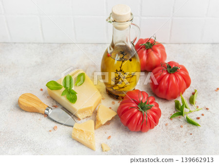 Fresh italian cooking ingredients preparing healthy mediterranean meal Fresh italian cooking ingredients preparing healthy mediterranean meal 139662913