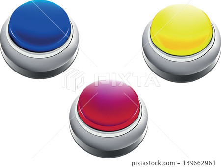Three glossy colorful round buttons showing different options Three glossy colorful round buttons showing different options 139662961