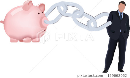 Businessman chained to a piggy bank symbolizing financial dependency 139662962
