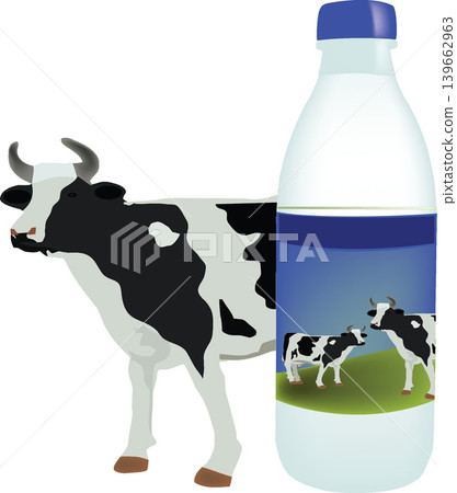 Dairy cow standing next to milk bottle with cows on label Dairy cow standing next to milk bottle with cows on label 139662963