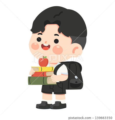 Boy Carrying Books And Apple For School Boy Carrying Books And Apple For School 139663350