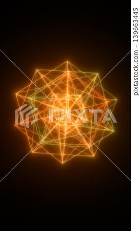 Glowing orange wireframe polyhedron with energy lines on dark background, abstract geometric network shape for futuristic tech, AI, and connectivity concept Glowing orange wireframe polyhedron with energy lines on dark background, abstract geometric network shape for futuristic tech, AI, and connectivity concept 139663445