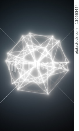 Glowing white wireframe polyhedron with light trails on dark gradient, abstract futuristic geometry for technology, data network, and sci-fi design backgrounds Glowing white wireframe polyhedron with light trails on dark gradient, abstract futuristic geometry for technology, data network, and sci-fi design backgrounds 139663454