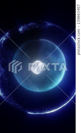 Futuristic blue cosmic spiral with glowing particles and a luminous core in deep space. 139663467