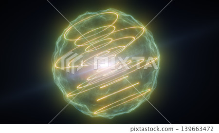 Golden energy sphere with glowing spiral orbit lines and soft plasma shell, futuristic abstract light globe on dark background Golden energy sphere with glowing spiral orbit lines and soft plasma shell, futuristic abstract light globe on dark background 139663472