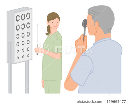 An illustration depicting a senior man receiving a vision test from a nurse during a hospital health checkup. An illustration depicting a senior man receiving a vision test from a nurse during a hospital health checkup. 139663477