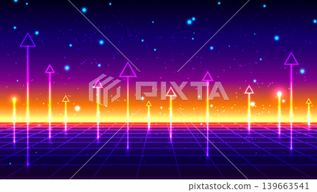 Retro synthwave landscape with neon pink arrows rising from digital grid toward a starry futuristic horizon, business growth and technology concepts Retro synthwave landscape with neon pink arrows rising from digital grid toward a starry futuristic horizon, business growth and technology concepts 139663541