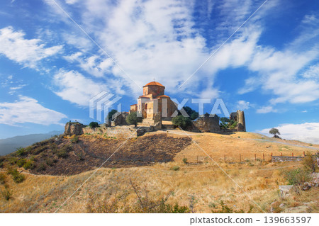Georgian landscape. Jvari Monastery near Mtskheta city in Georgia Georgian landscape. Jvari Monastery near Mtskheta city in Georgia 139663597
