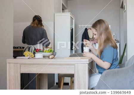 Young child at home. Female family, mother and young daughter in kitchen 139663649
