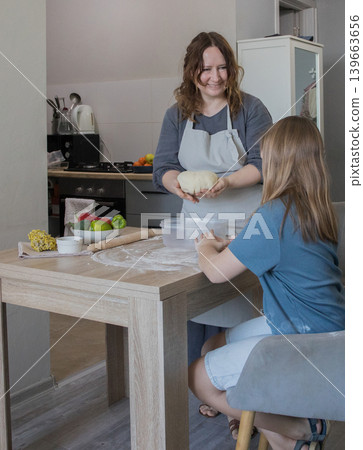 Mid adult mother and daughter preparing dough at home Mid adult mother and daughter preparing dough at home 139663656