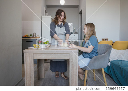 Cheerful mother and daughter preparing dough at home Cheerful mother and daughter preparing dough at home 139663657