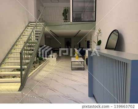 A long hallway in a hospital shows empty waiting chairs and glas A long hallway in a hospital shows empty waiting chairs and glas 139663702