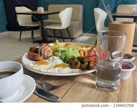 English breakfast with fried eggs, French fries, and meatloaf at 139663708