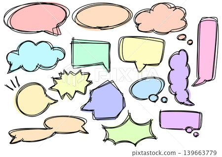Hand-drawn style speech bubble set, transparent PNG (12 variations: colorful, rough, pastel colors) 139663779