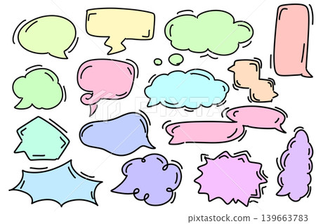 Hand-drawn style speech bubble set, transparent PNG (16 variations, colorful, pastel colors) 139663783