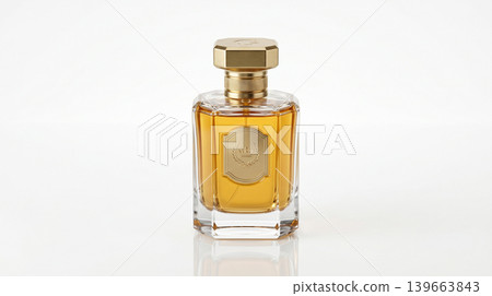 Elegant glass bottle of amber-colored perfume with a hexagonal gold cap isolated on a white background perfume container perfume packaging fragrance bottle essential oil high end fragrance 139663843
