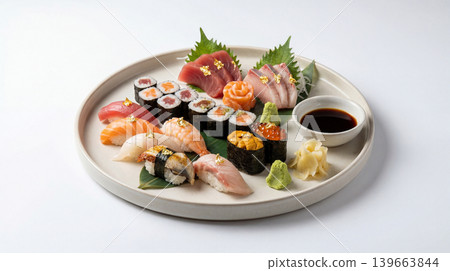 Assortment of fresh sushi and sashimi on a round plate with soy sauce japanese food photography food platter food preparation food styling seafood platter fine dining mixed sushi Assortment of fresh sushi and sashimi on a round plate with soy sauce japanese food photography food platter food preparation food styling seafood platter fine dining mixed sushi 139663844