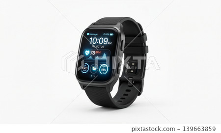 Black smartwatch with a digital display showing time and app icons smartwatch technology electronic wearable connected internet communication handheld accessory interface notification Black smartwatch with a digital display showing time and app icons smartwatch technology electronic wearable connected internet communication handheld accessory interface notification 139663859