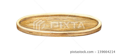 Wooden round tray light brown. Pencil isolated illustration for kitchen design 139664214