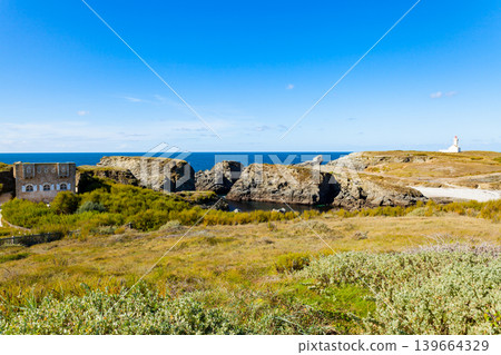 The lighthouse "Poulains" of the famous island Belle Ile en Mer in France The lighthouse "Poulains" of the famous island Belle Ile en Mer in France 139664329