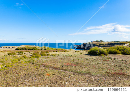landscape beach rocks cliffs shores at Belle Ile en Mer at the point of foals in Morbihan landscape beach rocks cliffs shores at Belle Ile en Mer at the point of foals in Morbihan 139664331
