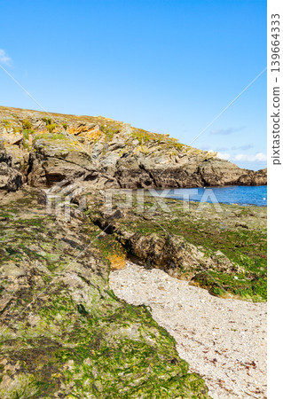 landscape beach rocks cliffs shores at Belle Ile en Mer at the point of foals in Morbihan 139664333