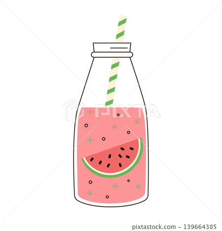 Watermelon juice in glass bottle with straw and slice of fruit illustration design 139664385