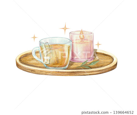 Cozy feminine composition with a candle, tea on a tray. Hand drawn pencil isolated illustration for self care and health design Cozy feminine composition with a candle, tea on a tray. Hand drawn pencil isolated illustration for self care and health design 139664652