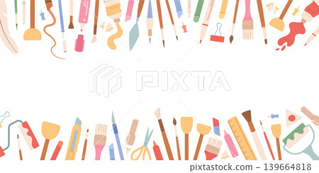 Cartoon art craft equipment background in flat style. Painting and art supplies form a playful horizontal template as colorful tools and stationery frame a white rectangle. Soft red, blue beige tone Cartoon art craft equipment background in flat style. Painting and art supplies form a playful horizontal template as colorful tools and stationery frame a white rectangle. Soft red, blue beige tone 139664818