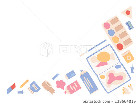 Flat paint craft tool background with pastel palette and brush on white paper surface. Paint supply layout as stationery kit and creative workshop template, horizontal rectangle art study scene Flat paint craft tool background with pastel palette and brush on white paper surface. Paint supply layout as stationery kit and creative workshop template, horizontal rectangle art study scene 139664819