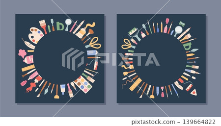 Cartoon tools circle on flat square background. Fun artist tool collection with pencil, brush and palette as colorful art supplies frame. Cute paint and craft template for school class or workshop Cartoon tools circle on flat square background. Fun artist tool collection with pencil, brush and palette as colorful art supplies frame. Cute paint and craft template for school class or workshop 139664822