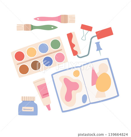 Flat art craft tool design on white background. Colorful art supplies as playful tools with sketchbook and paper open as small room kit. Useful for children education and creative school 139664824