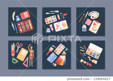Flat art tools with artist supplies in soft colorful palette set. Creative painting kit as cute icon set and art supply background. Pastel brush, watercolor palette and design stuff for school or Flat art tools with artist supplies in soft colorful palette set. Creative painting kit as cute icon set and art supply background. Pastel brush, watercolor palette and design stuff for school or 139664827