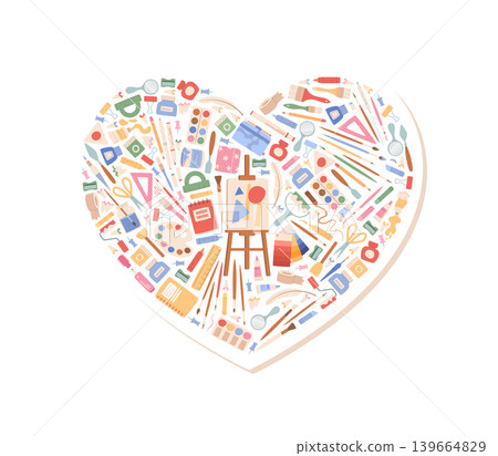 Heart shape with paint craft tools sticker. Cartoon art supplies form warm heart object. White sticker as cute icon for school and creative study, hobby class and workshop concept, flat childish Heart shape with paint craft tools sticker. Cartoon art supplies form warm heart object. White sticker as cute icon for school and creative study, hobby class and workshop concept, flat childish 139664829