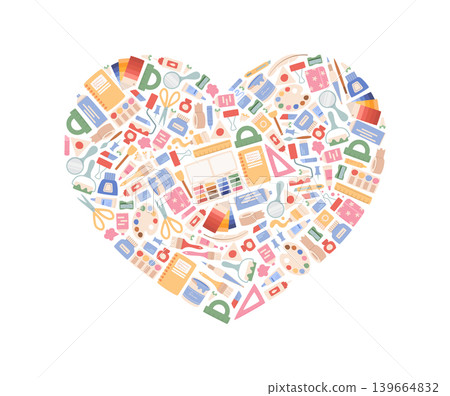 Heart art craft stationery concept in cute cartoon graphic style. Colorful children studio kit as playful art craft materials and school supply object. Soft white background suits education poster 139664832