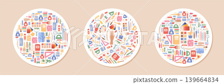 Colorful cartoon artist tool label set. Bright stationery icon circles show brush and marker as pencil and crayon art supply. Playful painting background for school study creative craft design 139664834