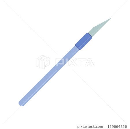 Flat paper cutting knife doodle with slim utility blade and soft blue handle on white. Simple craft scalpel tool as stationery supply for art and graphic work. Clean cutter icon for study or workshop 139664836