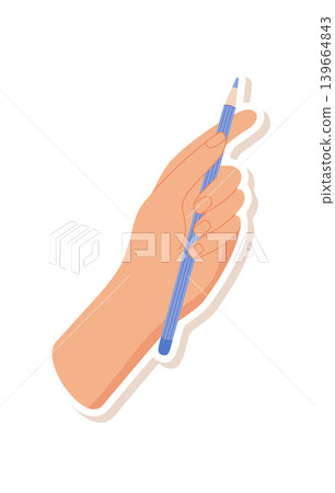 Cartoon human hand with pencil patch. Cute drawing hand as simple character and creative icon. Art craft object for children study and school education, stationery tool sticker on white background Cartoon human hand with pencil patch. Cute drawing hand as simple character and creative icon. Art craft object for children study and school education, stationery tool sticker on white background 139664843