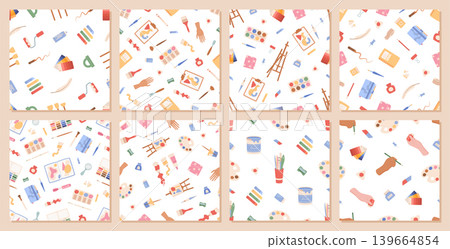 Cartoon painter tools seamless pattern on white background set. Seamless art set with brush, paintbrush and palette as cute flat object. Creative paint tool for artist or painter craft, studio or Cartoon painter tools seamless pattern on white background set. Seamless art set with brush, paintbrush and palette as cute flat object. Creative paint tool for artist or painter craft, studio or 139664854