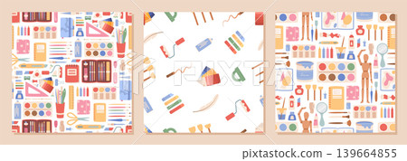 Cartoon art craft tools seamless background pattern. Cute stationery and painting tool pattern as playful art craft collection. Colorful pencil and brush objects on white for children study, school Cartoon art craft tools seamless background pattern. Cute stationery and painting tool pattern as playful art craft collection. Colorful pencil and brush objects on white for children study, school 139664855