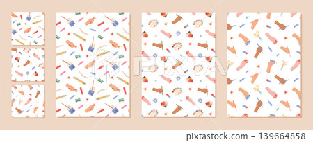 Cartoon painter tool pattern with playful art palette and brush on white background seamless. Painter hand with pencil and paint kit create childish craft mood. Seamless stationery layout suits Cartoon painter tool pattern with playful art palette and brush on white background seamless. Painter hand with pencil and paint kit create childish craft mood. Seamless stationery layout suits 139664858