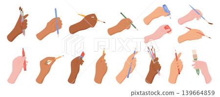 Cartoon painter hand set with pencil and brush in bright color style. Diverse artist fingers hold pen, crayon and marker as playful art tool collection. Creative equipment for school class, children 139664859