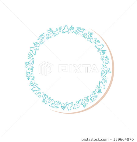 Circular outdoor sticker with adventure doodle frame in outline style. Mountain and forest camp scene capture travel, hiking, and nature spirit. Ideal for colorful map, fun patch, or trip accent. Circular outdoor sticker with adventure doodle frame in outline style. Mountain and forest camp scene capture travel, hiking, and nature spirit. Ideal for colorful map, fun patch, or trip accent. 139664870