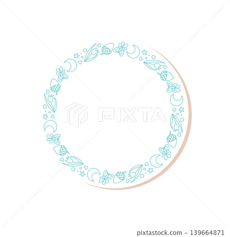 Hand drawn camp sticker in circle doodle with mountain and line graphic design. Nature and forest frame combines hiking adventure, blue color highlights outdoor atmosphere. Perfect for outdoor travel Hand drawn camp sticker in circle doodle with mountain and line graphic design. Nature and forest frame combines hiking adventure, blue color highlights outdoor atmosphere. Perfect for outdoor travel 139664871