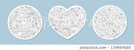 Circle camp banner with doodle and outline style shows tent, backpack, campfire, and forest set. Heart set element give outdoor adventure hiking mood, perfect for summer collection. Circle camp banner with doodle and outline style shows tent, backpack, campfire, and forest set. Heart set element give outdoor adventure hiking mood, perfect for summer collection. 139664880